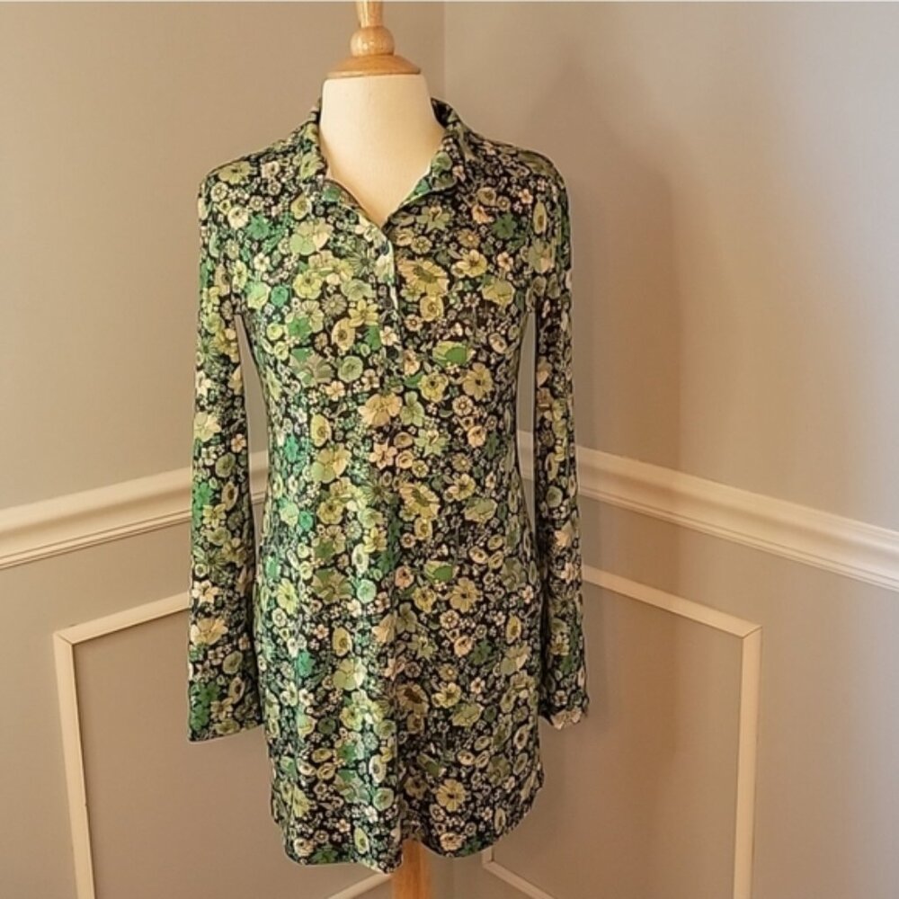 ZARA Green Floral Stretch Button Mod 60s 70s Long Sleeve Retro Shirt Dress M NEW